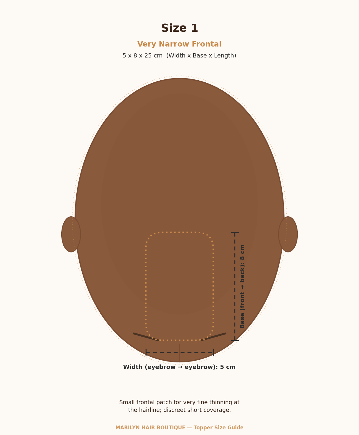 Size 1 Very Narrow Frontal topper measurement guide, 5 × 8 × 25 cm