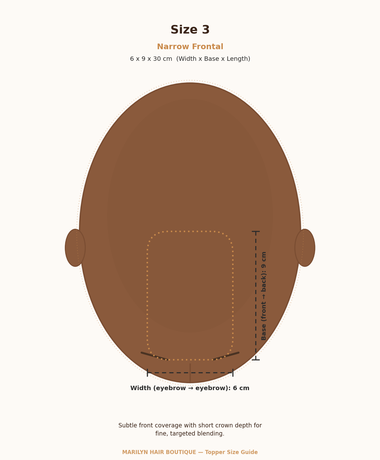Size 3 Narrow Frontal topper measurement guide, 6 × 9 × 30 cm