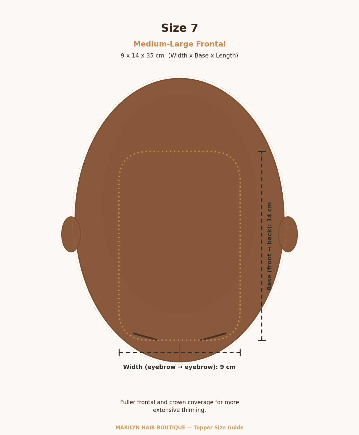Size 7 Medium-Large Frontal topper measurement guide, 9 × 14 × 35 cm