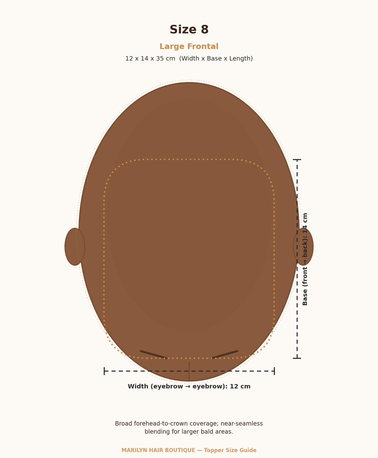 Size 8 Large Frontal topper measurement guide, 12 × 14 × 35 cm