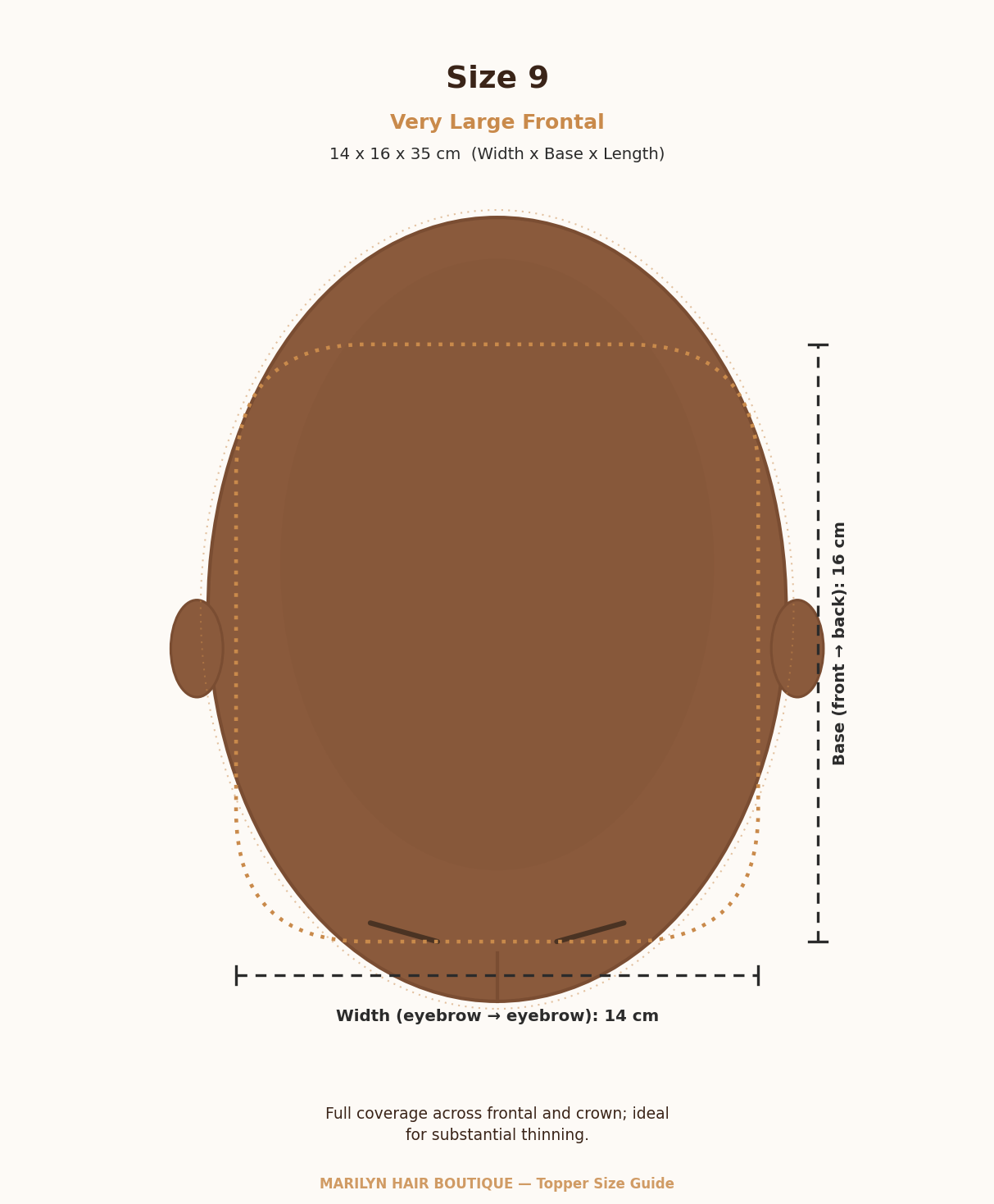 Size 9 Very Large Frontal topper measurement guide, 14 × 16 × 35 cm